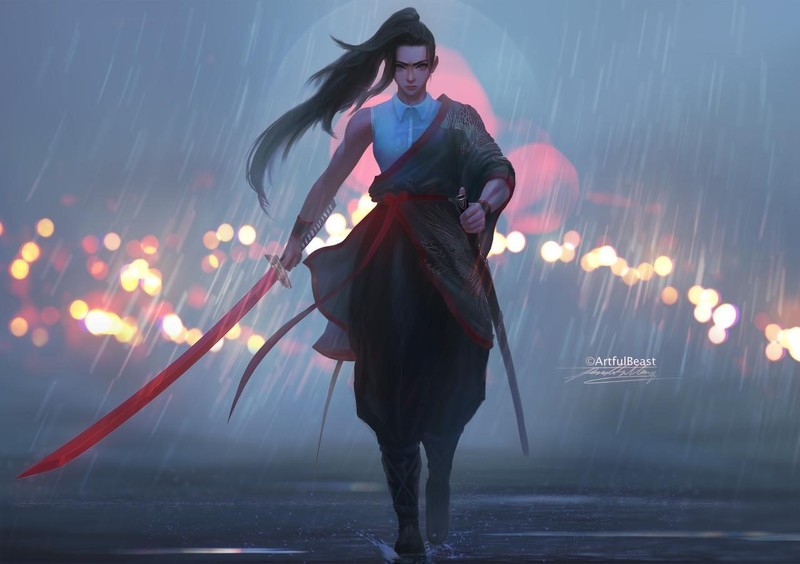 digital art, katana, sword, rain, samurai, moonlight, Paul Nong, frontal view