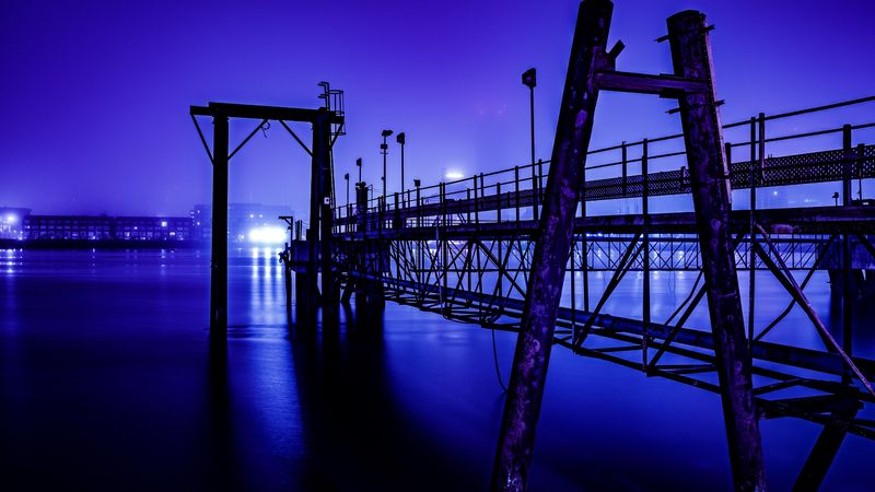 river, construction, night, 4k