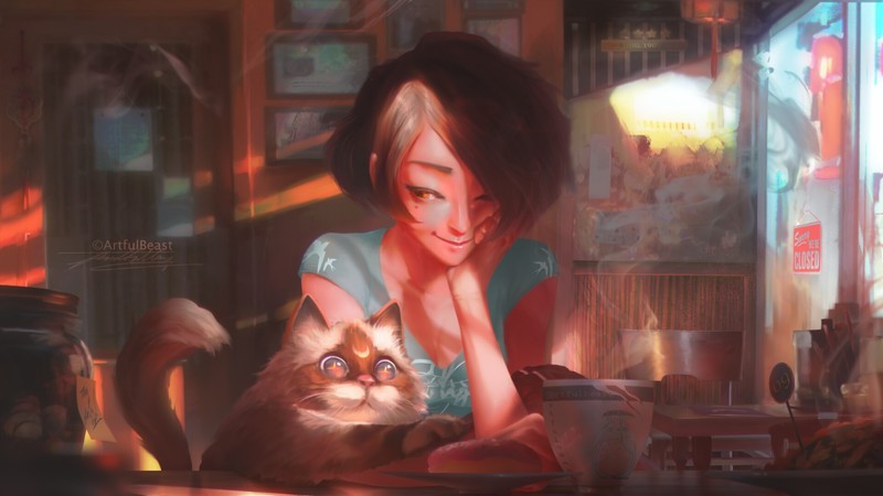 artwork, donut, coffee, morning, short hair, Paul Nong