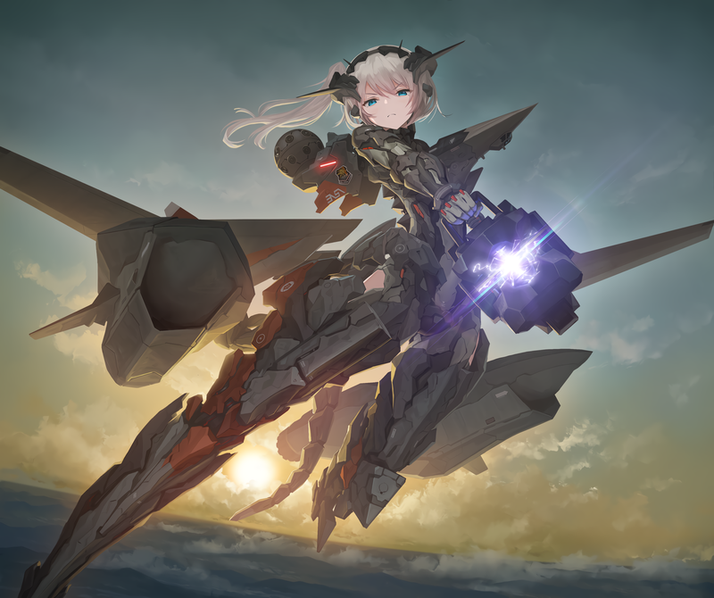 Tom-neko (zamudo akiyuki), blue eyes, clouds, gun, weapon, long hair, white hair, sunset, ponytail
