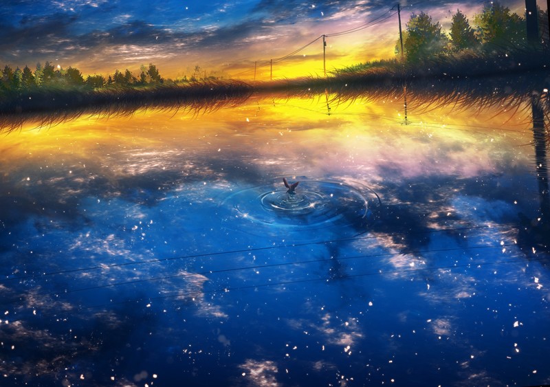 landscape, Nobody, powerlines, lake, trees, stars