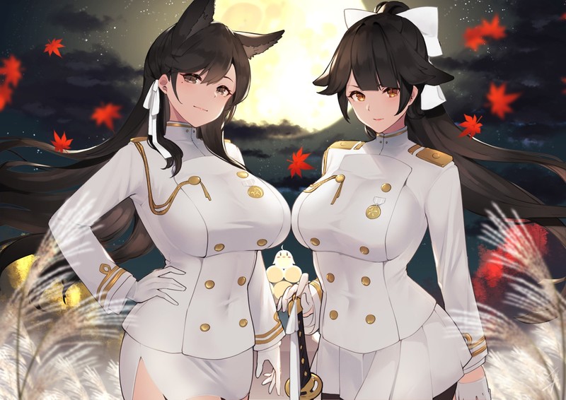Atago (Azur Lane), Takao (Azur Lane), animal ears, black hair, brown eyes, clouds, gloves, night, ponytail, pantyhose, uniform, sky, skirt, weapon, sword, stars, Azur Lane, anime, anime girls