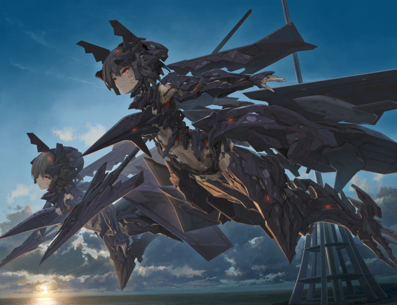 Tom-neko (zamudo akiyuki), aircraft, red eyes, clouds, anthropomorphism, sunset, sky, weapon