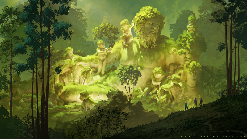 Sylvain Sarrailh, Forest of Liars, forest, statue, giant, trees, ruins, artwork, video game art, digital art