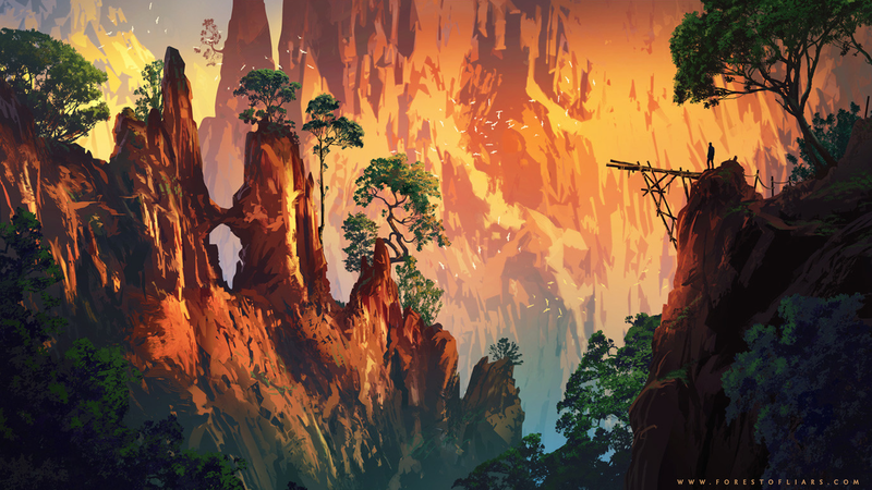 Sylvain Sarrailh, Forest of Liars, cliff, landscape, birds, trees, video game art, artwork, digital art