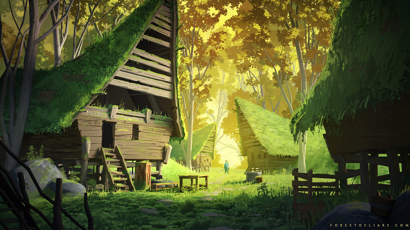 Sylvain Sarrailh, Forest of Liars, village, forest, alone, artwork, video game art, digital art, trees
