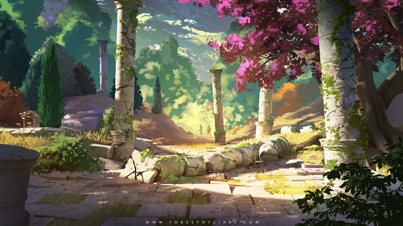 Sylvain Sarrailh, Forest of Liars, ruins, trees, artwork, digital art, video game art
