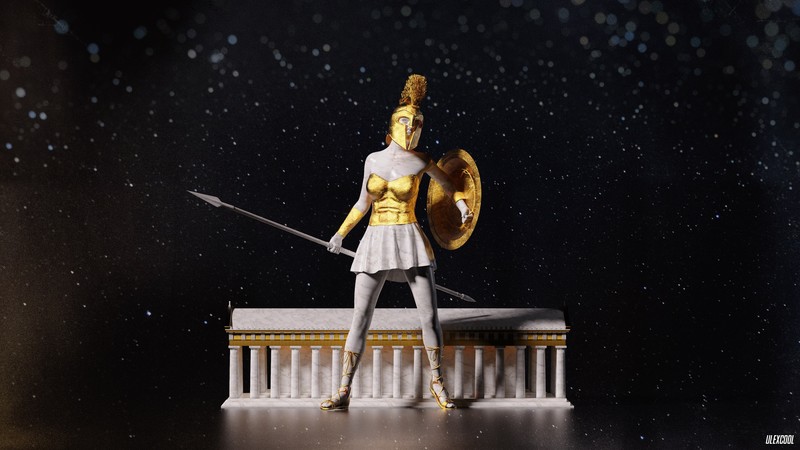 Greek, mythology, Greek mythology, Ancient Greek sculpture, sculpture, marble, gold, stars, CGI, digital art, 3D graphics, DAZ, Daz 3D, Blender, Athena, shield, temple, armor
