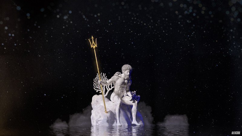 Greek, mythology, Greek mythology, Ancient Greek sculpture, sculpture, marble, gold, stars, CGI, digital art, 3D graphics, DAZ, Daz 3D, Blender, Poseidon, rock, water, reflection, crabs, coral reef