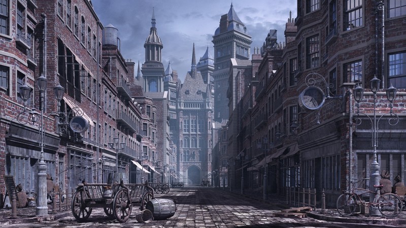 digital art, Victorian, architecture, street, bicycle, old building, cobblestone, tower, Eugene Caasi, 3d design