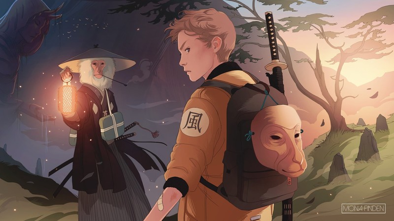 men, yokai, monkey, looking over shoulder, lantern, Fantasy Men, Japan, katana, weapon, jacket, backpacks, mask, statue, fantasy art, original characters, artwork, 2D, digital art, drawing, illustration, Mona Finden