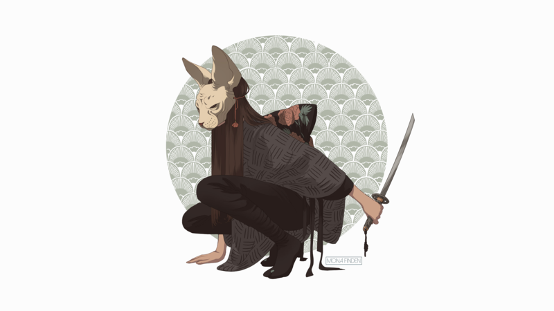 women, Ninja, mask, sphynx, long hair, Japanese clothes, katana, weapon, fantasy girl, original characters, artwork, 2D, digital art, drawing, illustration, Mona Finden, white background, simple background, minimalism, squatting