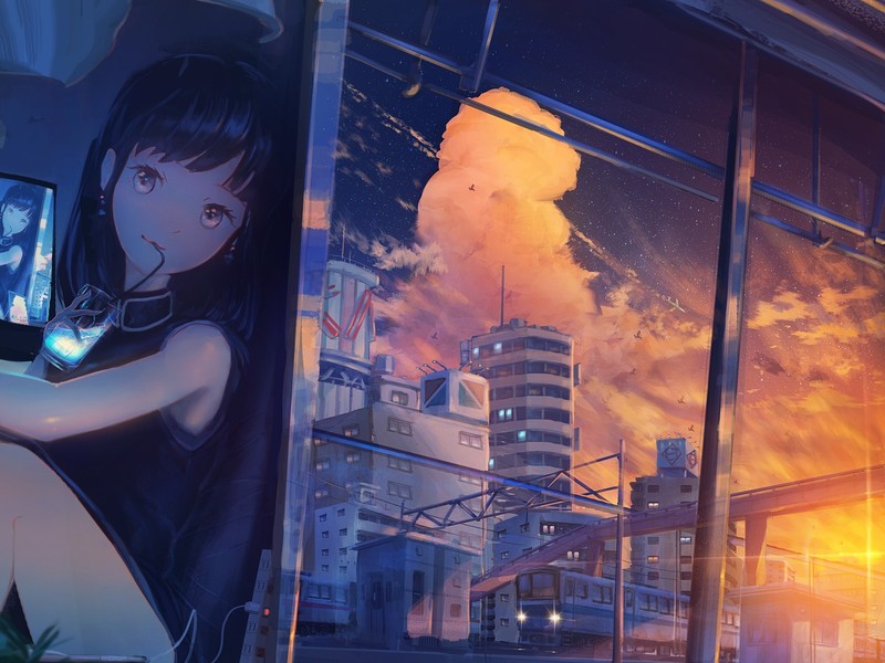 city, anime, anime girls, cityscape, sky, train, moescape