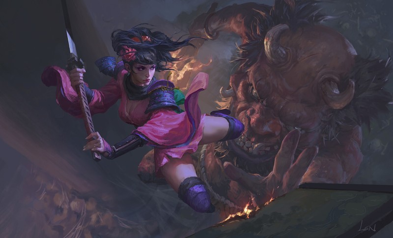Momohime, Muramasa: The Demon Blade, video games, video game art, women, samurai, katana, weapon, demon, fire, fantasy art, video game characters, video game girls, artwork, drawing, 2D, illustration, digital art, fan art, ArtStation