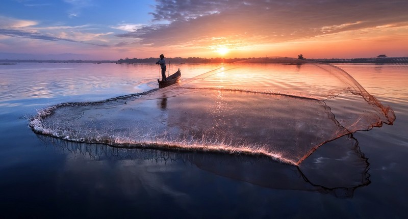 fisherman, working, water, sunlight, outdoors