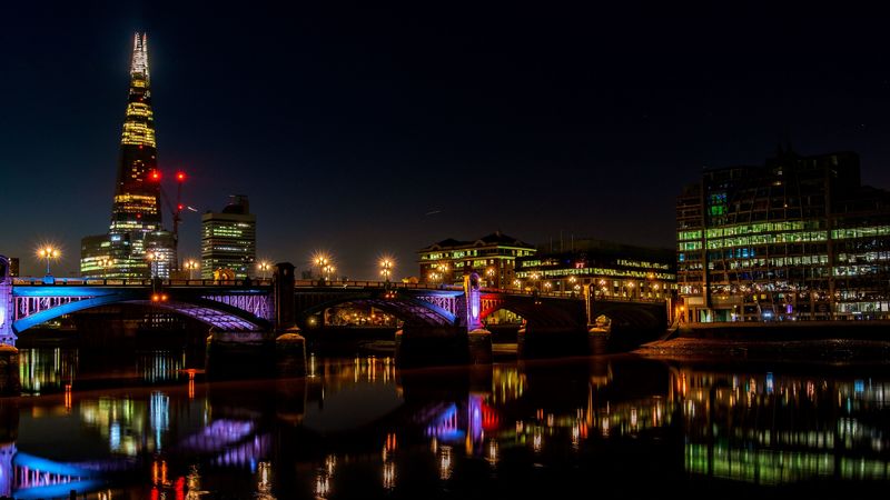night city, city lights, bridge, river, thames, london, uk, 4k