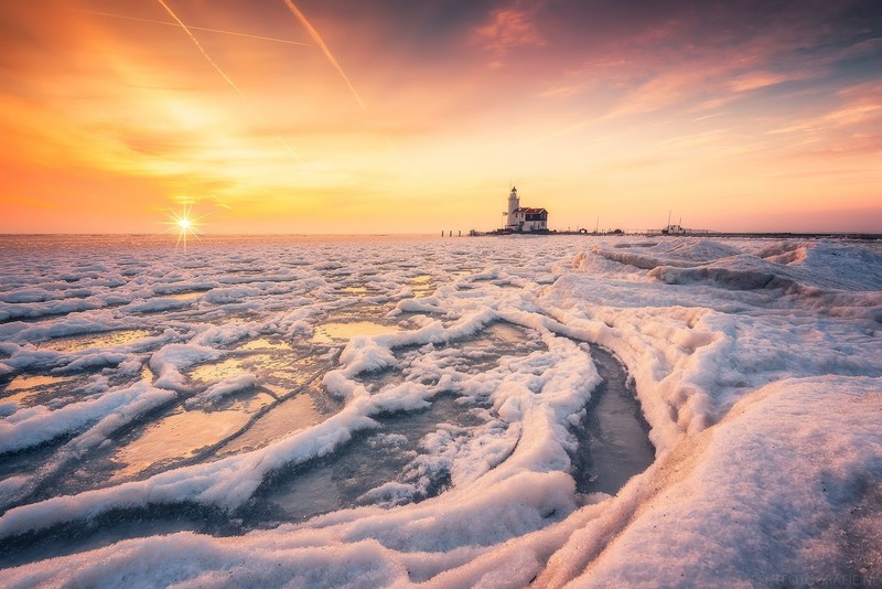 lighthouse, snow, ice, winter, sunlight, Sun