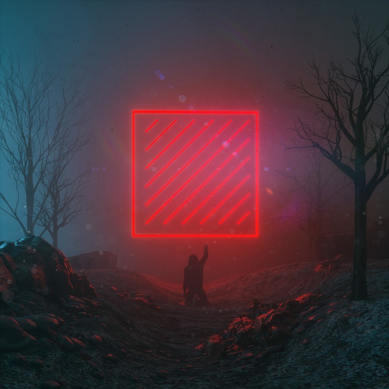 digital art, CGI, square, night, mist, neon, I Prevail, dark, red