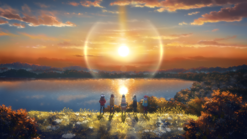 Yuru Camp, Rin Shima, Nadeshiko Kagamihara, Aoi Inuyama, Chiaki Oogaki, Ena Saitou, sunset, lake