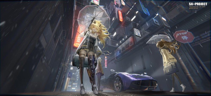anime girls, original characters, anime, blonde, cyborg, long hair, street, jacket, yellow eyes, smiling, thigh-highs, sneakers, urban, car, science fiction, rain, umbrella, cyberpunk, night, artwork, drawing, digital art, illustration, Pixiv, Pagani, Pagani Huayra, low-angle