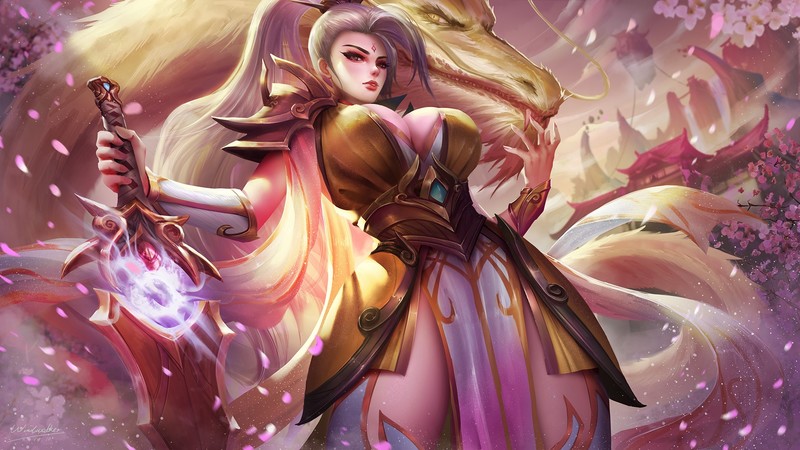 Riven (League of Legends), League of Legends, video games, video game characters, fantasy girl, white hair, ponytail, cleavage, dress, armor, sword, weapon, dragon, cherry blossom, depth of field, fantasy art, video game girls, artwork, drawing, digital art, fan art, Windwalker, Pixiv, petals