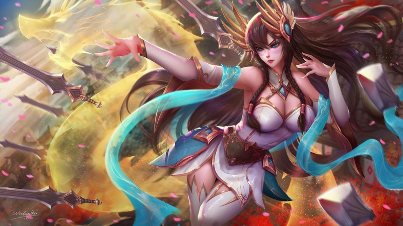 Irelia, League of Legends, video games, video game characters, fantasy girl, brunette, long hair, braided hair, dress, thigh-highs, sword, weapon, dragon, petals, depth of field, fantasy art, video game girls, artwork, drawing, digital art, fan art, Windwalker, Pixiv