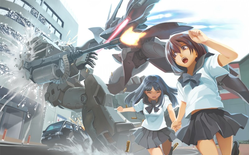 anime, mecha fight, anime girls, Gundam