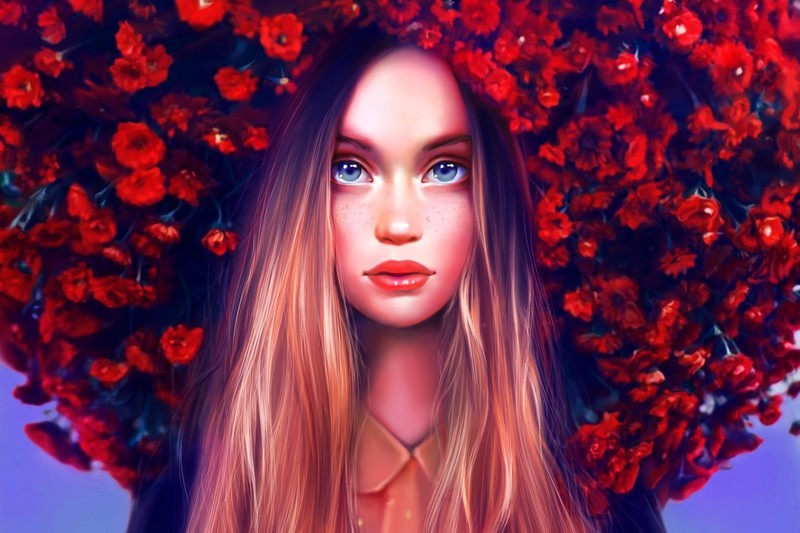 women, artwork, face, flowers, long hair, blue eyes