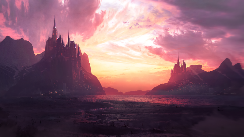 digital art, artwork, mountains, castle