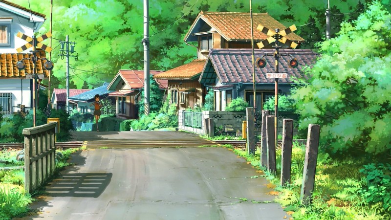 anime, landscape, railway crossing