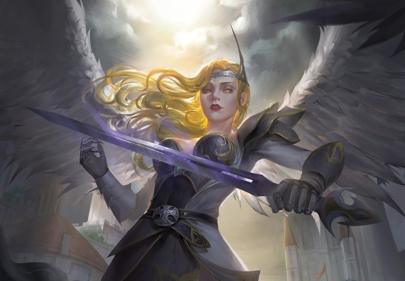 fantasy art, fantasy girl, warrior, blonde, angel, sword