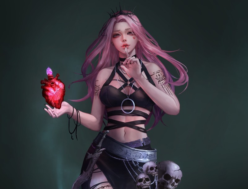 fantasy art, fantasy girl, heart, skull, artwork, frontal view