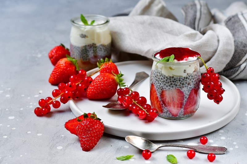 food, fruit, berries, strawberries, spoon, sweets, red currant, mint leaves