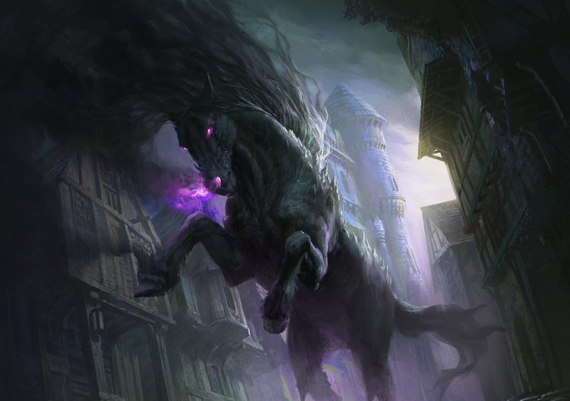 dark fantasy, horse, glowing eyes, artwork, fantasy art