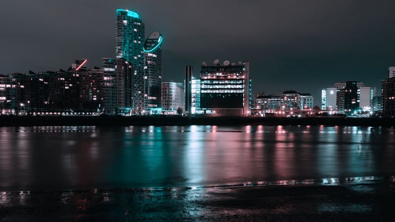 night city, city lights, coast, panorama, river, london, uk, 4k