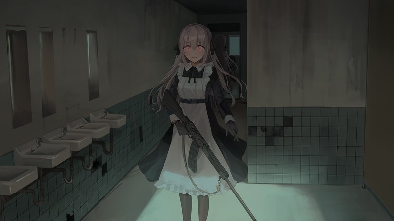 Chihuri 45, pink hair, maid outfit, weapon, red eyes, Saiga-12, gloves, anime, anime girls
