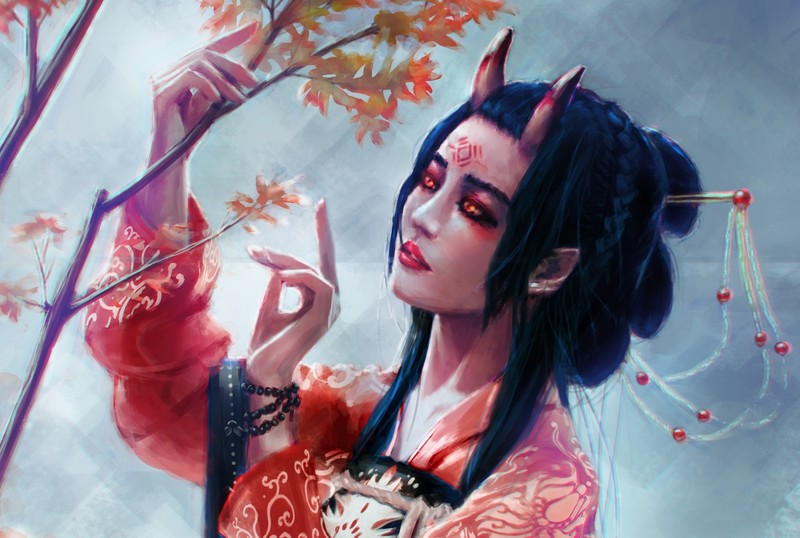 Asian, horns, succubus, fantasy art, fantasy girl