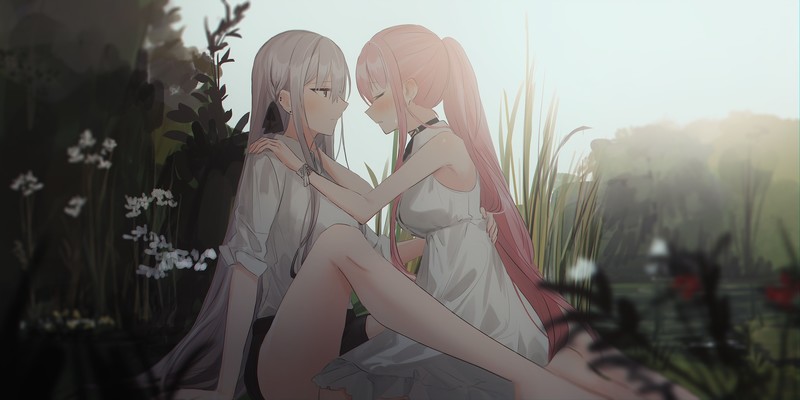 Chihuri 45, dress, pink hair, white hair, nature, anime, anime girls