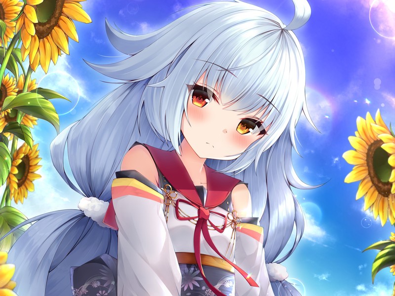 Azur Lane, aqua hair, long hair, blush, twintails, Japanese clothes, clouds, heterochromia, sunflowers, sky