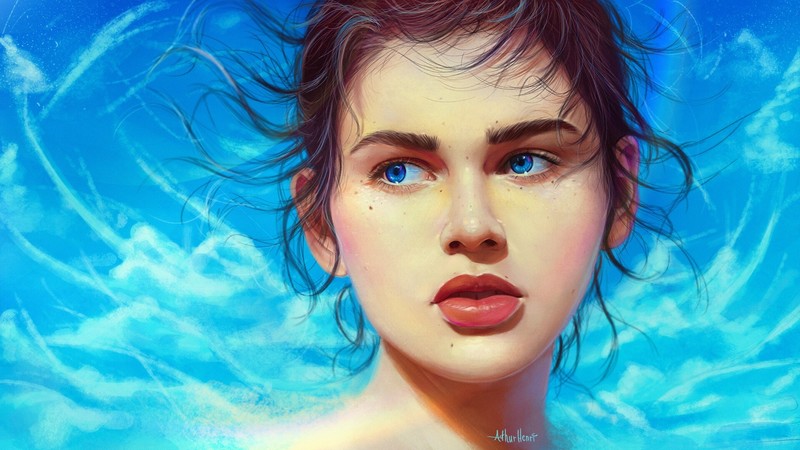 face, portrait, blue eyes, blue background, women, artwork, cyan