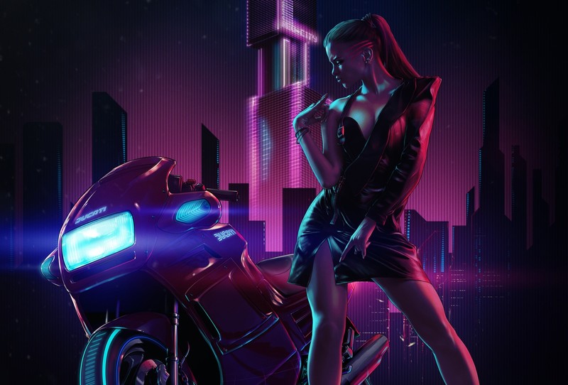 neon, vehicle, artwork, women, Ducati, motorcycle, cyberpunk