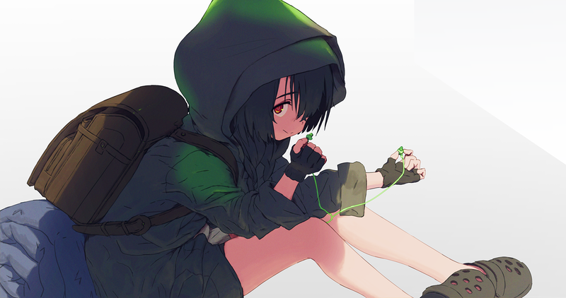SSSS.GRIDMAN, anime girls, 2D, digital art, fan art, simple background, black hair, red eyes, loli, long hair, bag, Anosillus II, headphones