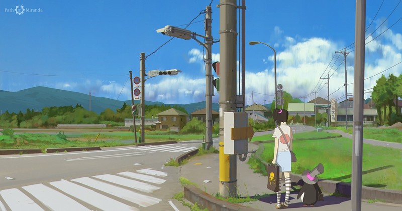 anime, field, street, anime girls