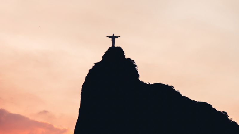 silhouette, sculpture, hill, sunset, 4k