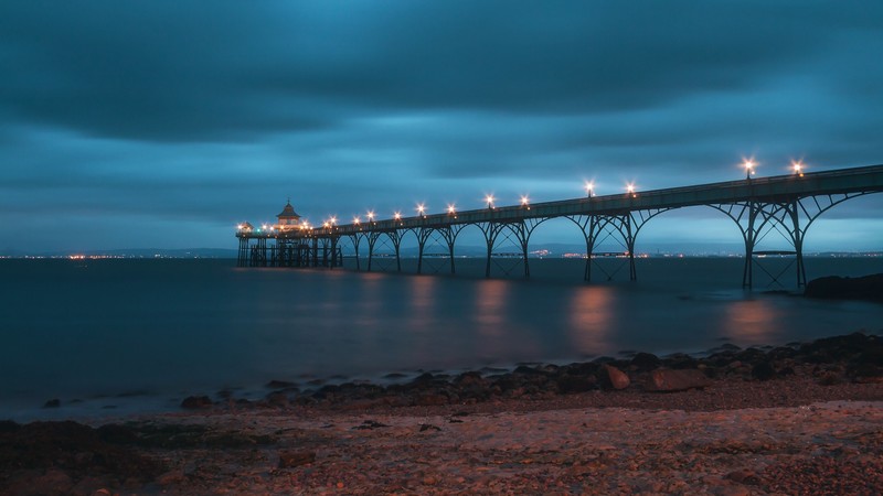 water, pier, night, overcast, long exposure, lights, landscape