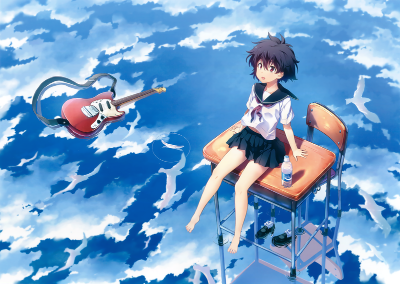 anime, anime girls, guitar, sky