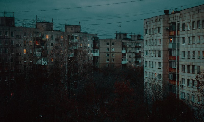 house, city, Russia, faded, grey, gloomy, trees, fall, block of flats