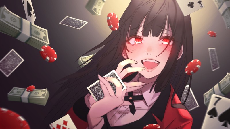 anime, anime girls, playing cards, red eyes, Kakegurui, Jabami Yumeko