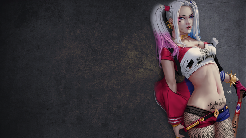 Harley Quinn, gun, fishnet, baseball bat, collar, video game girls, artwork
