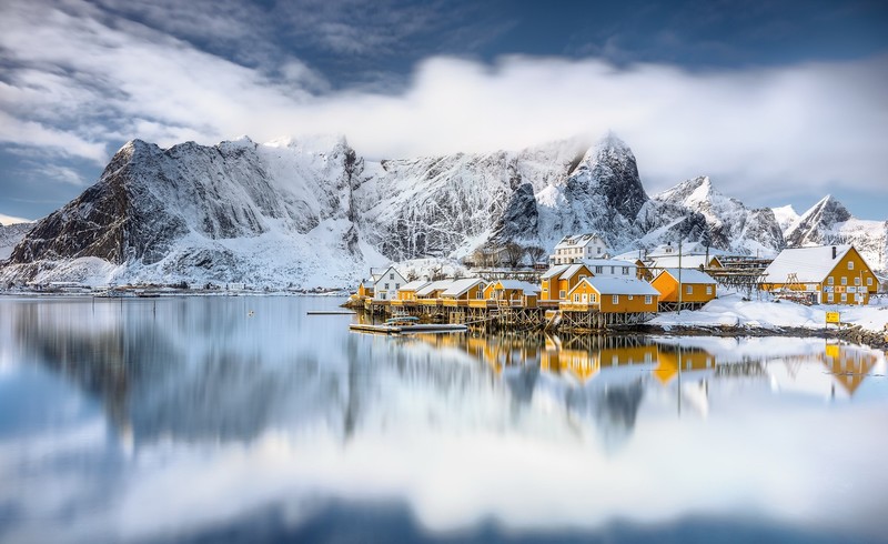 village, reflection, mountains, snow, water, outdoors